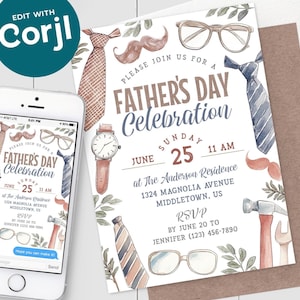 Father's Day Invitation - Neckties Glasses Moustache Rustic Watercolor Celebration 5x7 4x6 Digital Invite - Printable Corjl Template PDF JPG