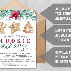 May include: A watercolor illustration of gingerbread cookies in the shape of an angel, a star, and a Christmas tree. The cookies are decorated with icing and sprinkles. The text "PLEASE JOIN US FOR A COOKIE EXCHANGE" is written in red and green letters. The invitation is for a cookie exchange on Saturday, December 17th at 7:00 PM at the Anderson Residence. The address is 1324 Magnolia Pkwy, Middletown, US. The invitation asks guests to bring enough cookies to share with 20 friends and copies of their recipe. The RSVP deadline is December 12th via call or text to Amanda at (555) 123-4567.
