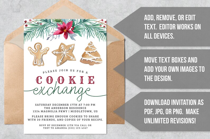 May include: A watercolor illustration of gingerbread cookies in the shape of an angel, a star, and a Christmas tree. The cookies are decorated with icing and sprinkles. The text "PLEASE JOIN US FOR A COOKIE EXCHANGE" is written in red and green letters. The invitation is for a cookie exchange on Saturday, December 17th at 7:00 PM at the Anderson Residence. The address is 1324 Magnolia Pkwy, Middletown, US. The invitation asks guests to bring enough cookies to share with 20 friends and copies of their recipe. The RSVP deadline is December 12th via call or text to Amanda at (555) 123-4567.