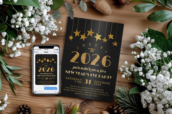 New Year's Eve NYE Party Invitation: 2026 Gold Stars, Digital Invite, Editable Template Download
