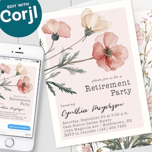 Retirement Invitation - Pink Floral Woman Wildflower Retired Party Digital Invite 5x7 & 4x6 Editable Corjl Template Instant Download PDF JPG