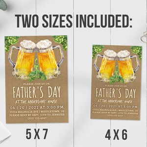 May include: Two printable Father's Day invitation designs featuring a watercolor illustration of two beer mugs with hops. The text on the invitations reads "Please join us on Father's Day at the Anderson's House" with the date and time of the event. The invitations are available in two sizes: 5x7 and 4x6 inches.