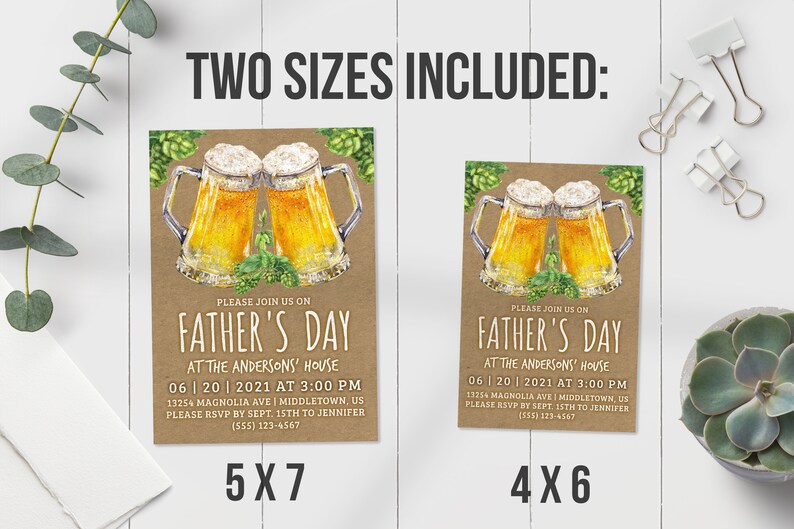 May include: Two printable Father's Day invitation designs featuring a watercolor illustration of two beer mugs with hops. The text on the invitations reads "Please join us on Father's Day at the Anderson's House" with the date and time of the event. The invitations are available in two sizes: 5x7 and 4x6 inches.