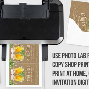 May include: A printable Father's Day invitation with a brown background and a watercolor illustration of two beer mugs with green hops. The text on the invitation reads "Father's Day at the Anderson House 06/20/2021 at 3:00 PM. Please RSVP by 06/15/2021. 14 Magnolia. Please join us on Father's Day at the Anderson House 06/20/2021 at 3:00 PM. Please RSVP by 06/15/2021. 14 Magnolia."