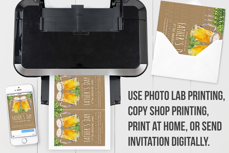 May include: A printable Father's Day invitation with a brown background and a watercolor illustration of two beer mugs with green hops. The text on the invitation reads "Father's Day at the Anderson House 06/20/2021 at 3:00 PM. Please RSVP by 06/15/2021. 14 Magnolia. Please join us on Father's Day at the Anderson House 06/20/2021 at 3:00 PM. Please RSVP by 06/15/2021. 14 Magnolia."
