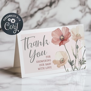 Cartão de agradecimento para chá de bebê - Cartão de agradecimento para menina moderna com flores silvestres rosa, plano e dobrado, 6x4, modelo editável para impressão em PDF JPG - WP325