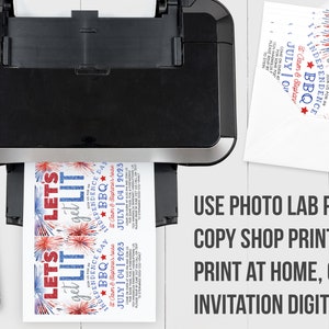 May include: Printable invitation for a 4th of July BBQ party. The invitation features a red, white, and blue fireworks design with the text "Let's get LIT" and "Independence Day BBQ".