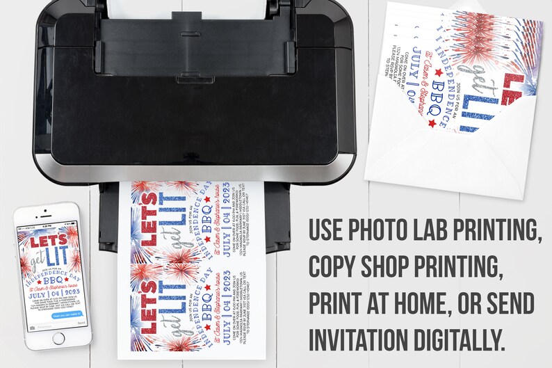 May include: Printable invitation for a 4th of July BBQ party. The invitation features a red, white, and blue fireworks design with the text "Let's get LIT" and "Independence Day BBQ".