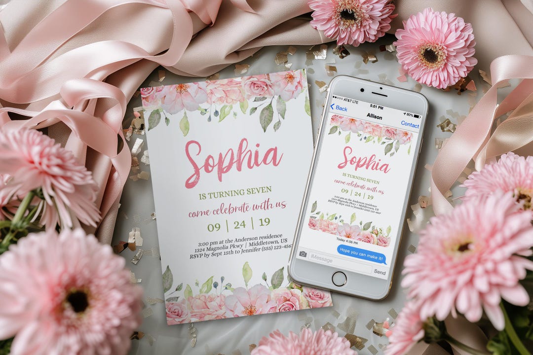 Invit Rose Pink Roses Birthday Invitation, Digital Invite, Printable Editable ...