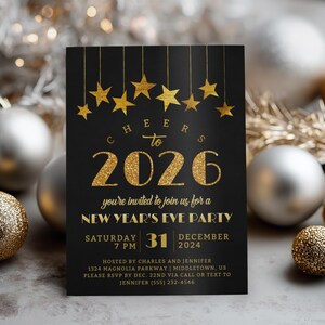 Invitation à la fête du Nouvel An : étoiles d'or 2026, invitation numérique, modèle modifiable à télécharger image 11