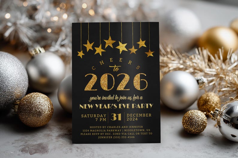 Invitation à la fête du Nouvel An : étoiles d'or 2026, invitation numérique, modèle modifiable à télécharger image 11