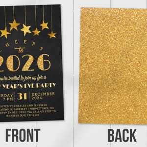 Peut inclure: Invitation de f&ecirc;te du Nouvel An noire avec des accents de paillettes dor&eacute;es. Le recto pr&eacute;sente un texte dor&eacute; qui dit "Cheers to 2026" et les d&eacute;tails de l'&eacute;v&eacute;nement. Le verso est recouvert de paillettes dor&eacute;es.