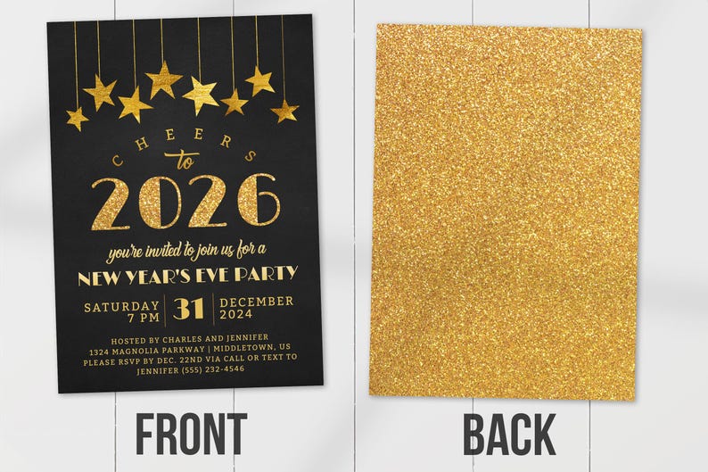Peut inclure: Invitation de f&ecirc;te du Nouvel An noire avec des accents de paillettes dor&eacute;es. Le recto pr&eacute;sente un texte dor&eacute; qui dit "Cheers to 2026" et les d&eacute;tails de l'&eacute;v&eacute;nement. Le verso est recouvert de paillettes dor&eacute;es.