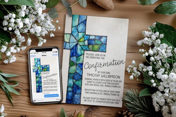Confirmation Invitation: Stained Glass Cross Boy Masculine, Digital 5x7 4x6 Editable Template PDF JPG