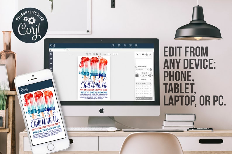 May include: A digital invitation design featuring red, white, and blue popsicle illustrations. The invitation reads "Chill With Me on Independence Day, July 4, 2023, 5:00 PM." The design is displayed on a computer, phone, and tablet.