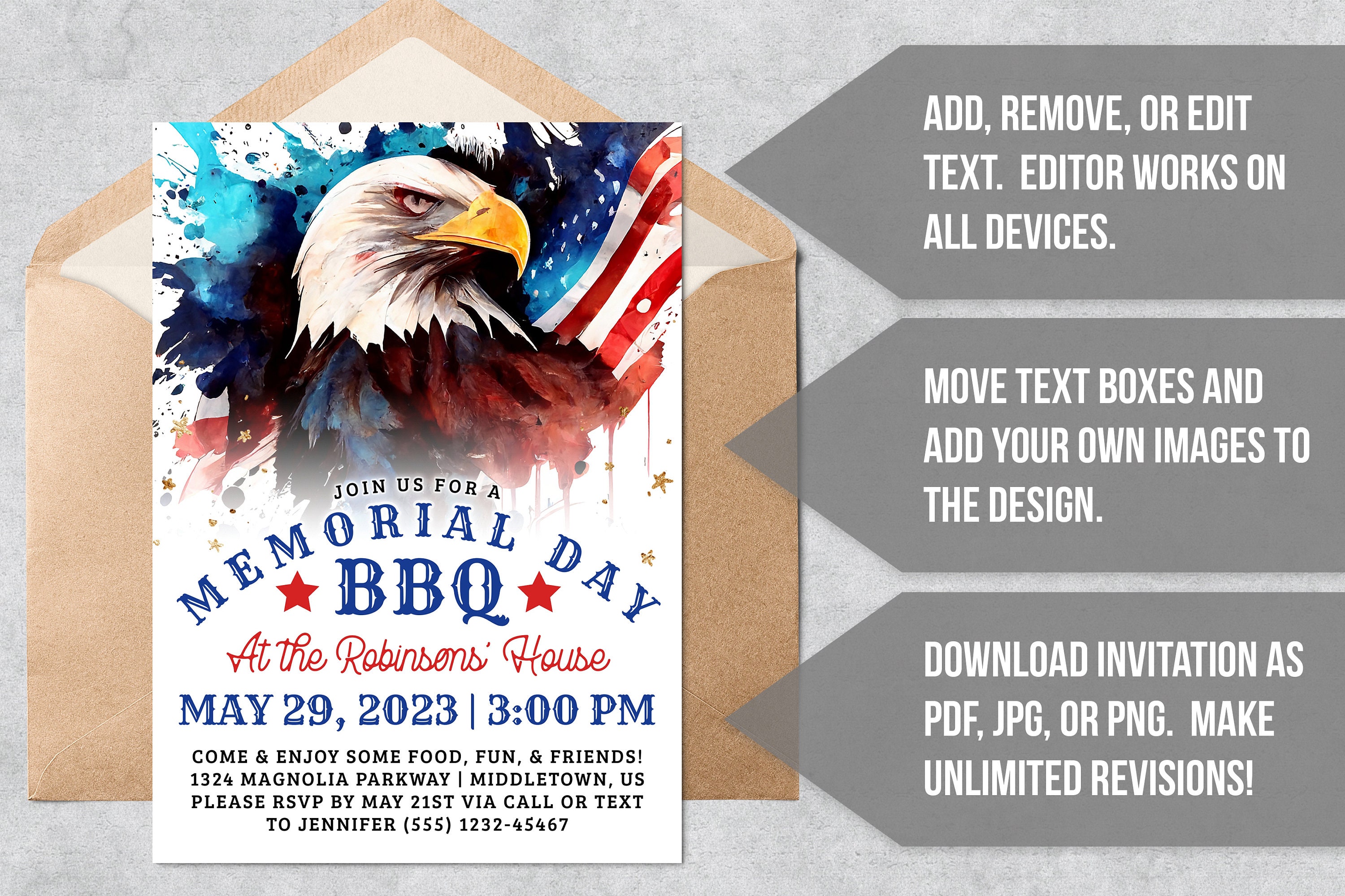 Memorial Day BBQ Invitation - Patriotic Memorial Day Party Digital ...