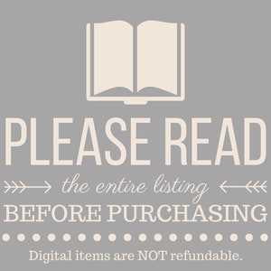 Puede incluir: Un fondo gris con un icono de libro abierto blanco y el texto "PLEASE READ the entire listing BEFORE PURCHASING. Digital items are NOT refundable."