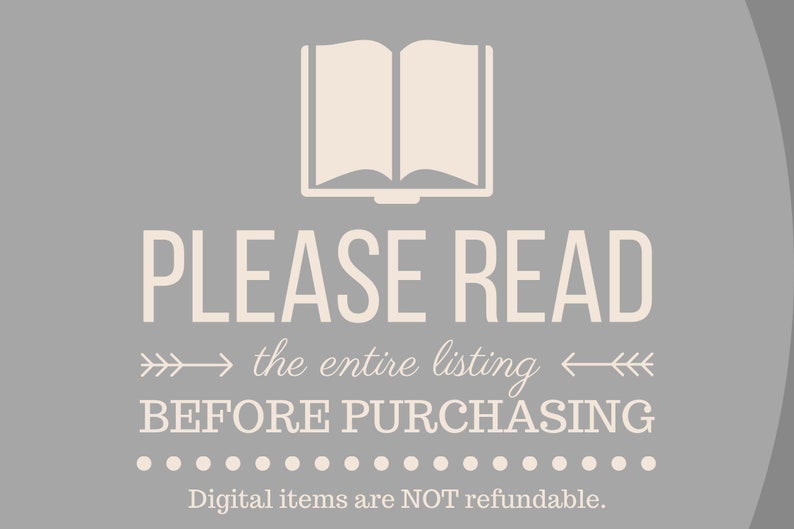 Puede incluir: Un fondo gris con un icono de libro abierto blanco y el texto "PLEASE READ the entire listing BEFORE PURCHASING. Digital items are NOT refundable."