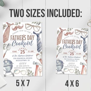 May include: Two printable Father's Day cookout invitation designs. The 5x7 inch design features a watercolor illustration of a grill, tools, a tie, glasses, and a mustache. The 4x6 inch design features the same illustration in a smaller size.