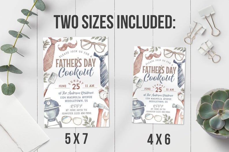 May include: Two printable Father's Day cookout invitation designs. The 5x7 inch design features a watercolor illustration of a grill, tools, a tie, glasses, and a mustache. The 4x6 inch design features the same illustration in a smaller size.