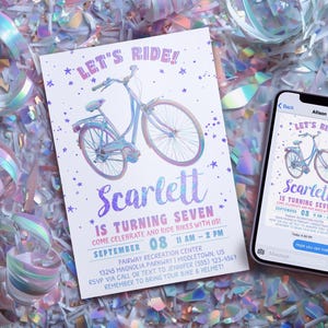 Fahrrad-Geburtstagseinladung: Mädchenfahrrad Glam Glitter 5 x 7 4 x 6 Printable Editable Template BK925 Bild 11