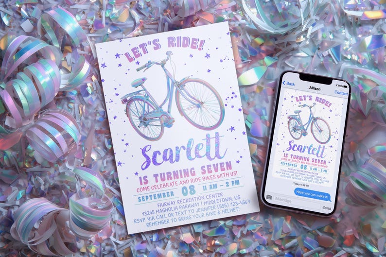 Fahrrad-Geburtstagseinladung: Mädchenfahrrad Glam Glitter 5 x 7 4 x 6 Printable Editable Template BK925 Bild 11