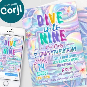 9e verjaardagsuitnodiging zwembad feest - duik in Nine Rainbow Glam Girl Swim Party digitale uitnodiging 5 x 7 4 x 6 afdrukbare bewerkbare sjabloon PDF JPG
