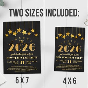 Peut inclure: Invitations de f&ecirc;te du Nouvel An noires et dor&eacute;es. Le design pr&eacute;sente des &eacute;toiles dor&eacute;es, le texte "Cheers to 2026" et les d&eacute;tails de l'&eacute;v&eacute;nement. Deux tailles sont incluses : 5x7 pouces (12,7 x 17,8 cm) et 4x6 pouces (10,2 x 15,2 cm).