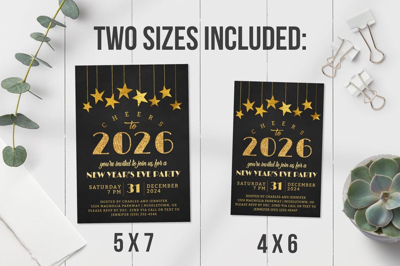 Peut inclure: Invitations de f&ecirc;te du Nouvel An noires et dor&eacute;es. Le design pr&eacute;sente des &eacute;toiles dor&eacute;es, le texte "Cheers to 2026" et les d&eacute;tails de l'&eacute;v&eacute;nement. Deux tailles sont incluses : 5x7 pouces (12,7 x 17,8 cm) et 4x6 pouces (10,2 x 15,2 cm).