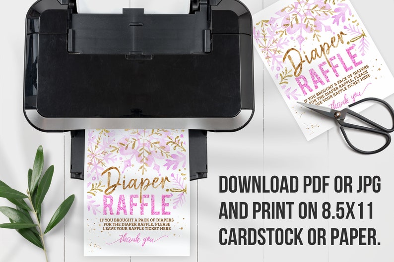 Pink Diaper Raffle Sign Diaper Raffle Sign - 8x10 Pink Gold Snowflake Winter Girl Baby Shower ...