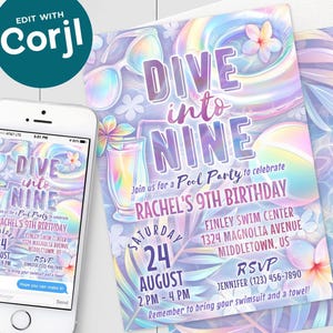 9e verjaardagsuitnodiging zwembad feest - duik in negen roze paars meisje zwemmen partij digitale uitnodiging 5 x 7 4 x 6 afdrukbare bewerkbare sjabloon PDF JPG