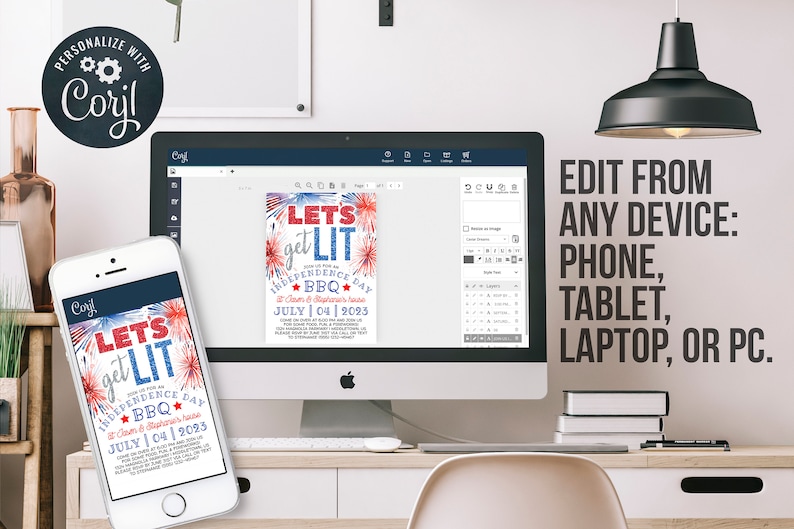 May include: A digital mockup of a phone and computer screen displaying a customizable invitation for a 4th of July BBQ. The invitation features a red, white, and blue color scheme with fireworks and the text "Let's get lit Independence Day BBQ".