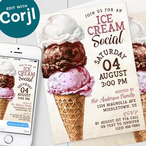 Eiscreme Einladung - Eiscreme Party Mobile Digitale Einladung 5 x 7 und 4 x 6 Laden Sie die druckbare bearbeitbare Corjl-Vorlage herunter Download PDF, JPG