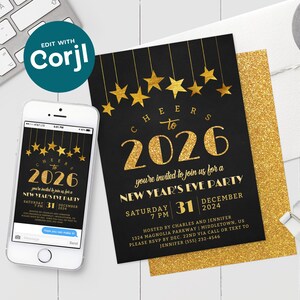 Peut inclure: Invitation de f&ecirc;te du Nouvel An noire et dor&eacute;e avec le texte "Cheers to 2026". L'invitation comprend la date, l'heure et le lieu. Un smartphone affiche la m&ecirc;me invitation. Un clavier et une bougie sont en arri&egrave;re-plan.