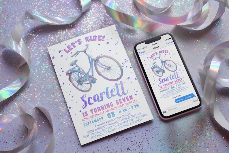 Fahrrad-Geburtstagseinladung: Mädchenfahrrad Glam Glitter 5 x 7 4 x 6 Printable Editable Template BK925 Bild 1