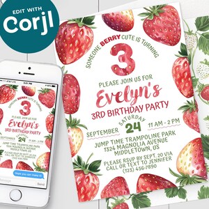 Strawberry Birthday Invitation - Berry Cute Girl Kids Birthday Digital Invite 5x7 & 4x6 Printable Editable Corjl Template PDF JPG SB225