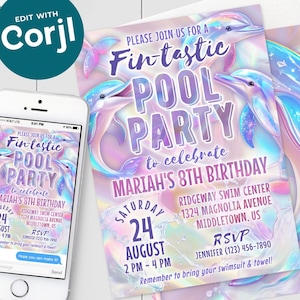Invitation fête de la piscine dauphins - anniversaire dauphins opalescent pastel nage Invitation numérique 5 x 7 4 x 6 modèle modifiable imprimable PDF JPG DP525