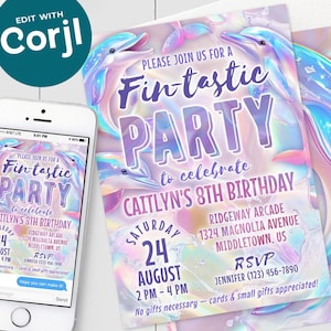 Invitation anniversaire dauphins arc-en-ciel pastel scintillant dauphin fille enfants Bday Invitation numérique 5 x 7 4 x 6 modèle modifiable imprimable PDF JPG DP525