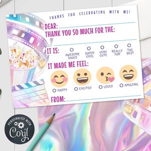Film Geburtstag Kinder Dankeschön Hinweis - Pink Lila Kino Checkbox Dankeschön-Karte 5 x 7 & 4 x 6 Printable Bearbeitbare Vorlage PDF JPG OM525