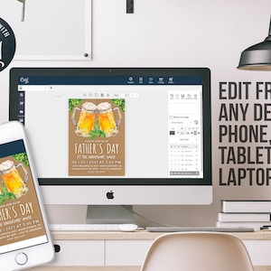 May include: A digital mockup of a Father's Day invitation with a brown background and a watercolor illustration of two beer mugs. The text reads "Please join us for our Father's Day at the Ameright House on 06.13.2023 at 3:00 PM".