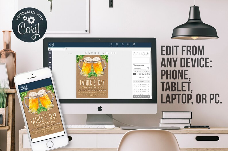 May include: A digital mockup of a Father's Day invitation with a brown background and a watercolor illustration of two beer mugs. The text reads "Please join us for our Father's Day at the Ameright House on 06.13.2023 at 3:00 PM".