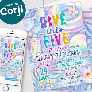 5th Birthday Pool Party Invitation: Dive into Five Swim, 5x7 4x6 Editable Template