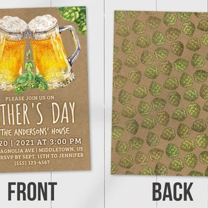 May include: A Father's Day invitation with a brown background and a watercolor illustration of two beer mugs with green hops. The text reads "Please join us on Father's Day at the Andersons' House 06|20|2021 at 3:00 PM 13254 Magnolia Ave | Middletown, US Please RSVP by Sept. 15th to Jennifer (555) 123-4567".
