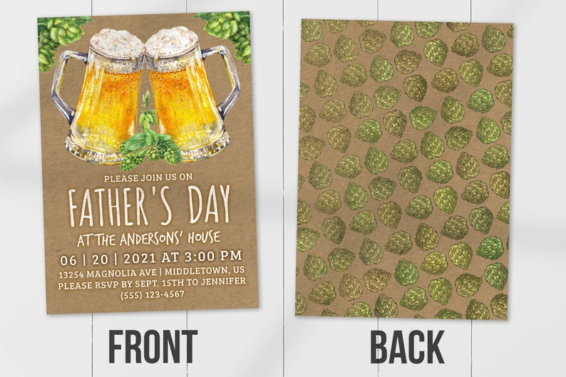 May include: A Father's Day invitation with a brown background and a watercolor illustration of two beer mugs with green hops. The text reads "Please join us on Father's Day at the Andersons' House 06|20|2021 at 3:00 PM 13254 Magnolia Ave | Middletown, US Please RSVP by Sept. 15th to Jennifer (555) 123-4567".