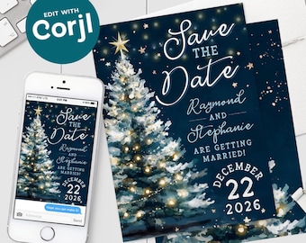 Plantilla imprimible editable para guardar la fecha de boda navideña (5x7 4x6, PDF y JPG)