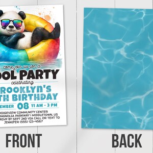 Kids Pool Party Invitation with panda in sunglasses, front and back side.