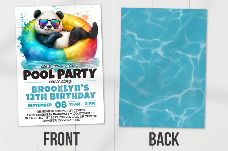 Kids Pool Party Invitation with panda in sunglasses, front and back side.