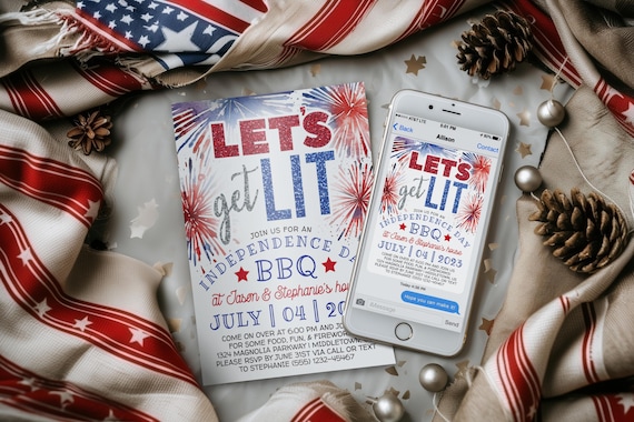 4th of July Invitation: 'Let's Get Lit' BBQ, Digital 5x7 4x6 Printable Editable Template