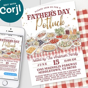 Op de afbeelding: Een uitnodiging voor een vaderdag-potluck met een aquarelillustratie van een picknicktafel met eten. De uitnodiging is rood, wit en blauw met gouden glitteraccenten. De tekst luidt "Kom gezellig mee naar een vaderdag-potluck, georganiseerd door de familie Anderson op 15 juni om 11:00 uur 1345 Magnolia Parkway Middletown, US 98765 Neem een ​​bijgerecht of een dessert mee om te delen, en we serveren BBQ als hoofdgerecht. RSVP vóór 10 juni via telefoon of sms naar Jocelyn (123) 456-7890"