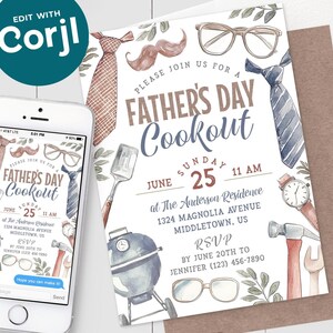 May include: A Father's Day cookout invitation with a watercolor design. The invitation features a grill, tools, glasses, a tie, a mustache, and greenery. The text reads "Please join us for a Father's Day Cookout, June 25, 11 AM, at The Anderson Residence, 1324 Magnolia Avenue, Middletown, US. RSVP by June 20th to Jennifer (123) 456-7890."